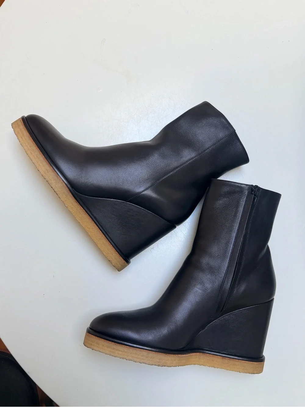 CELINE Black Leather Wedge Ankle Boots Zip Closure Round Toe EU 42 US 11